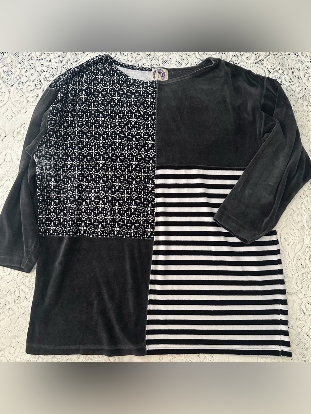 Vintage 80s Top Size Large Whimsigoth Velvet Black White Stripes Saks Fifth Ave
